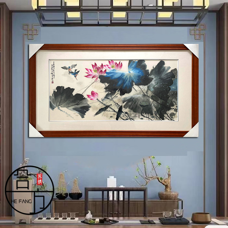 合方纯手工苏绣成品4丝水墨荷花