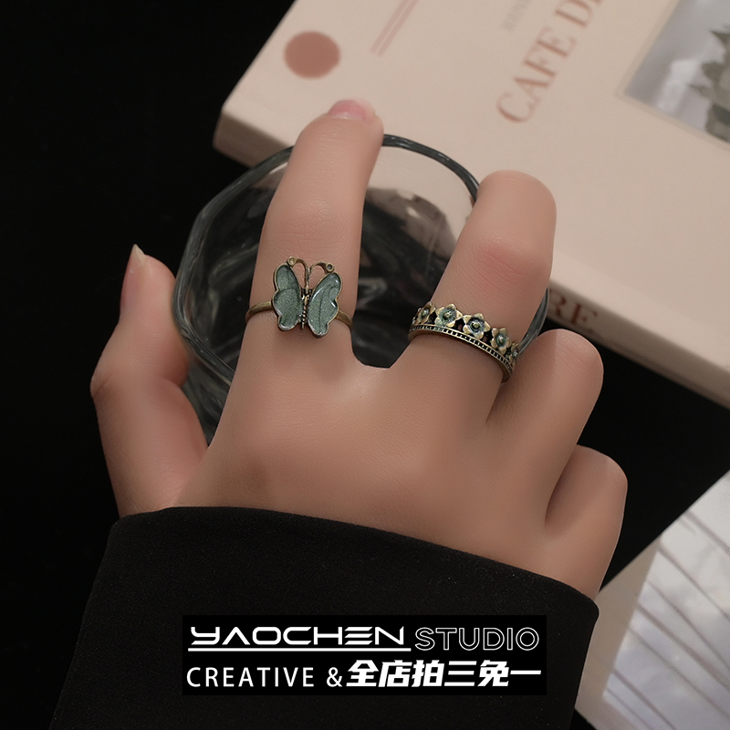 新中式复古叠戴蝴蝶戒指女小众