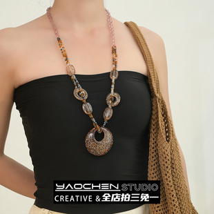 Vintage古着辣妹豹纹斑马纹串珠项链y2k亚文化椭圆毛衣锁骨链配饰