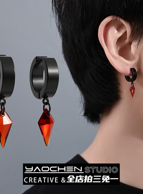 红色锆石无耳洞耳夹耳环男女小众设计菱形耳坠暗黑哥特风耳扣耳饰