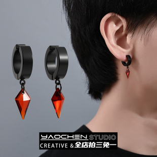 红色锆石无耳洞耳夹耳环男女小众设计菱形耳坠暗黑哥特风耳扣耳饰
