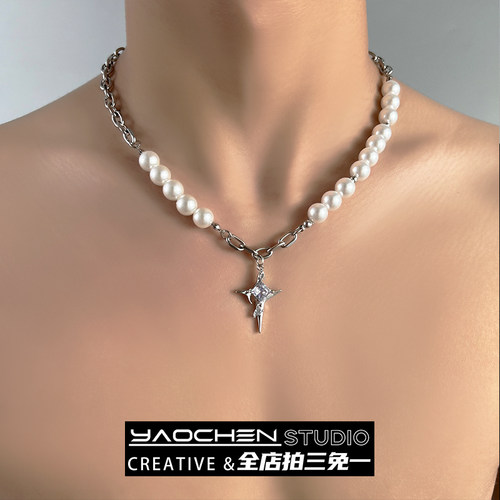 冰裂仿珍珠不规则钛钢项链男小众