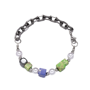 潮牌古巴手链男女ins轻奢小众 钛钢复古彩色方块拼接黑珍珠手饰品