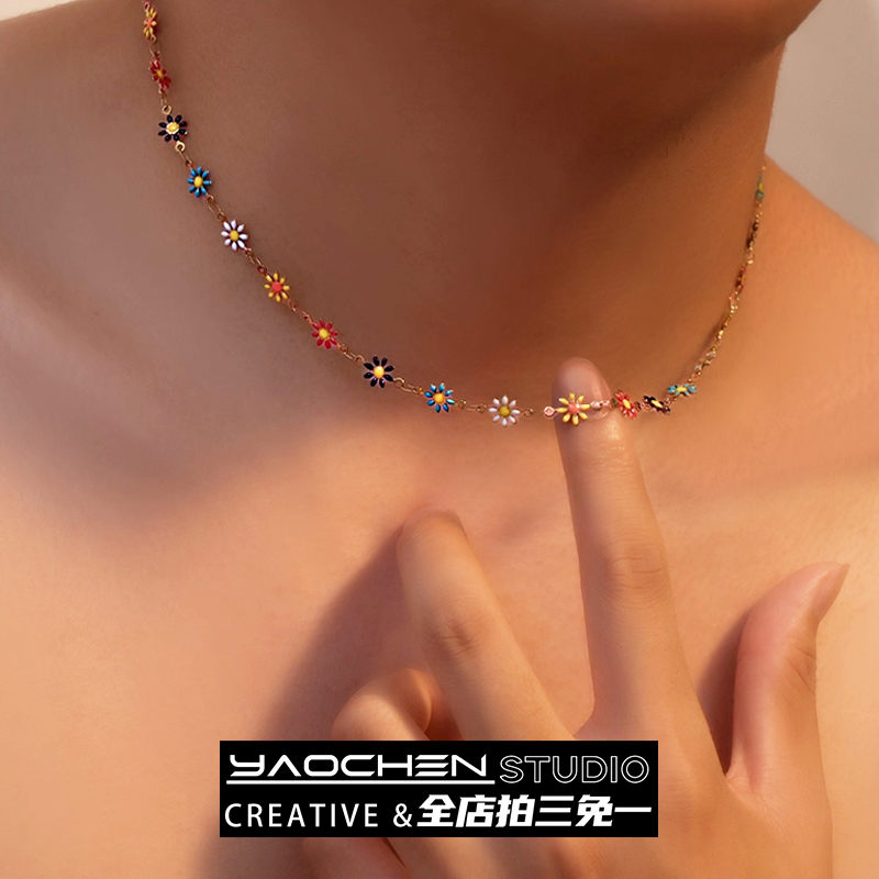 美式拼接彩色雏菊男款项链女小众