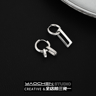 钛钢耳环几何耳圈潮男士耳钉2023新款爆款长款女耳扣单只个性耳饰