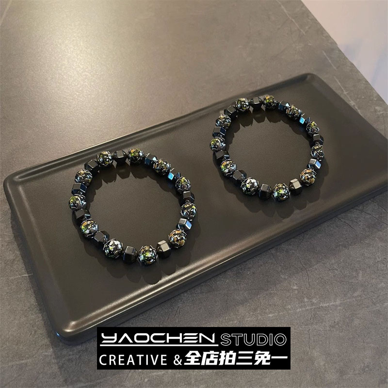 不规则黑胆石拼接手串男小众手链