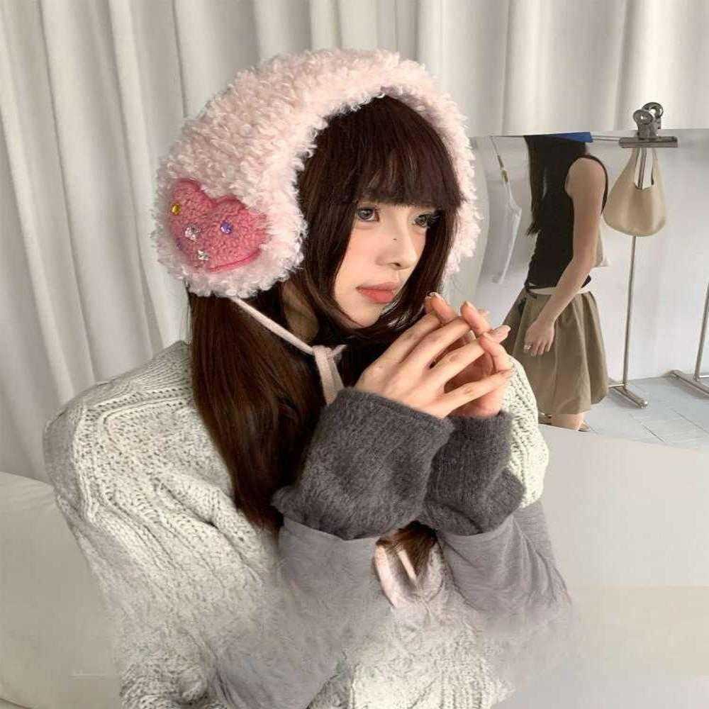 冬季粉色爱心加厚羊羔绒绑带耳罩女毛绒护耳保暖耳套防寒耳包耳暖