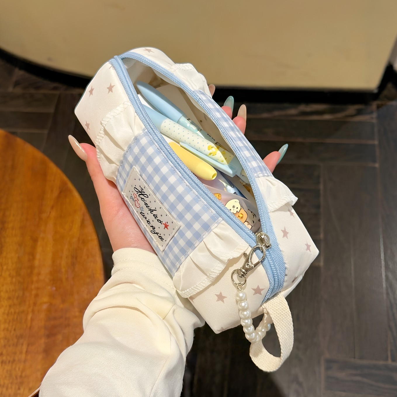 蓝白格笔袋文具袋大容量小学生高中生铅笔袋考试刷题文具收纳袋