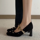 小香风蝴蝶结浅口单鞋 女2026春夏复古风百搭一字扣带高跟玛丽珍鞋