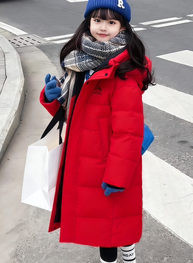 鸭鸭儿童高充绒量羽绒服长款红色加厚洋气外套防寒2026新款冬装