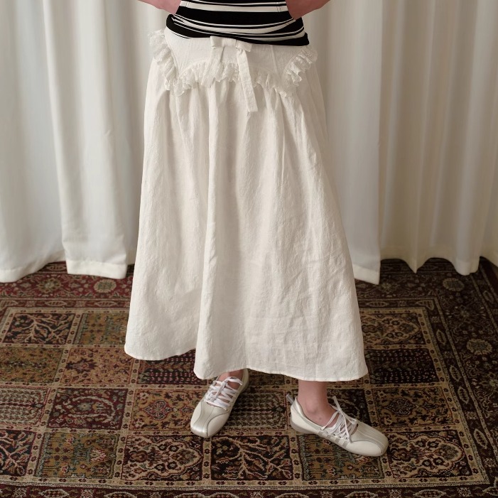 FXN 25SS‘Present系列’大摆亚麻伞裙白色蝴蝶结蕾丝装饰