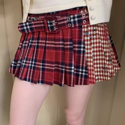 FXN 含皮带红格纹拼色印花百褶短裙防走光内衬