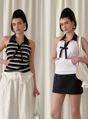 FXN 25SS‘Present系列’蝴蝶结装饰蓝白、条纹双色挂脖背心