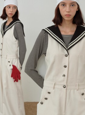 FXN “Tsukino”海军V领阔腿连体裤米白拼黑领复古铜扣