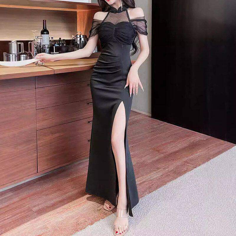 5308 性感旗袍裙女新款足浴技师工装长裙收腰连衣裙黑色包臀裙
