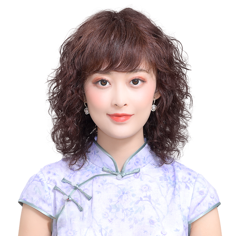 假发女士全真人发丝轻薄蓬松自然手织中长卷发中老年妈妈假发头套