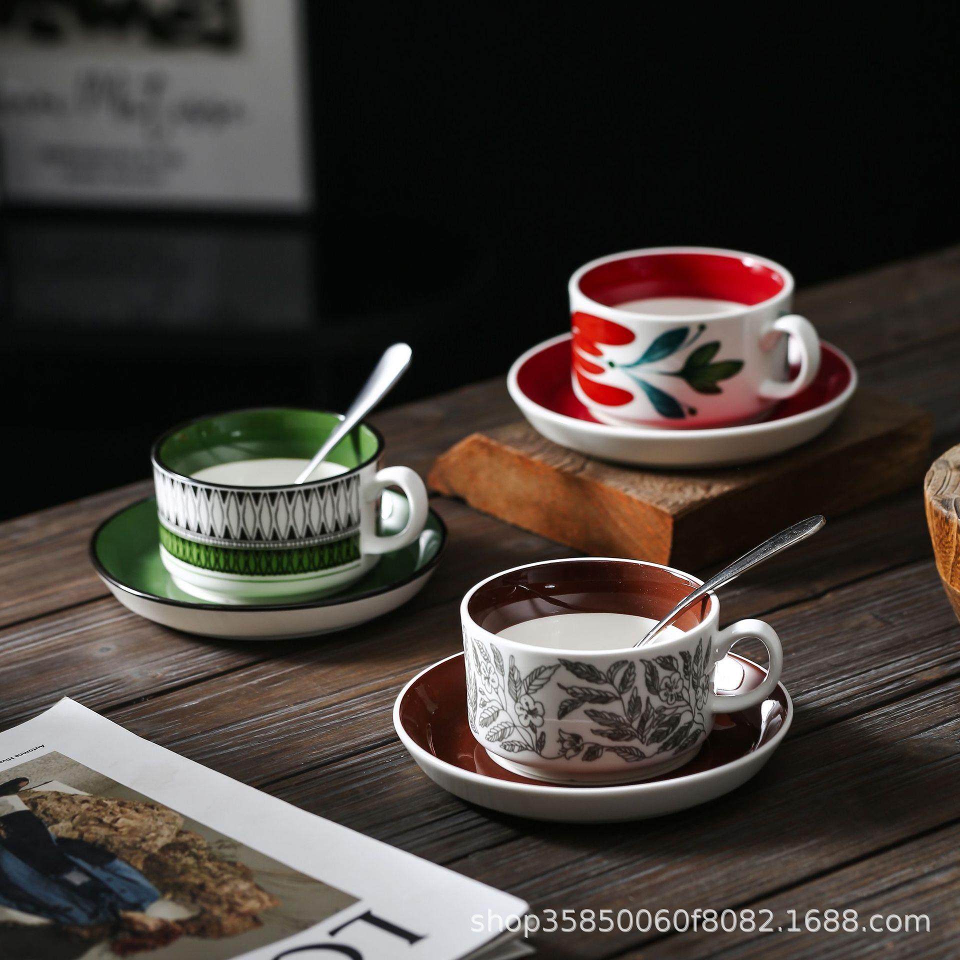 小众复古陶瓷咖啡杯碟套装中古花卉法式设计高级感杯子复刻拉花杯