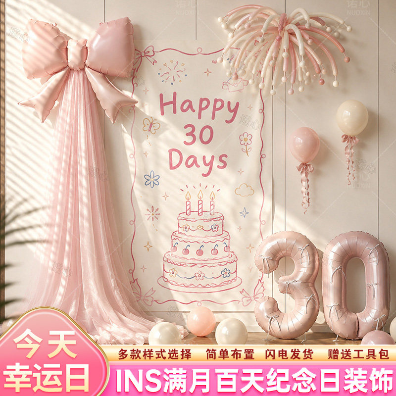 女孩宝宝满月宴100天挂布置粉气球百日家里纪念日派对仪式感装饰图片