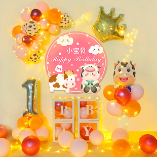 牛宝宝一周岁宴生日布置卡通气球百天装饰男女孩场景背景墙套餐1