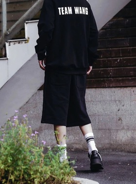 王嘉尔同款TEAMWANG纯棉高品质宽松印花字母短裤高街复古简约6分