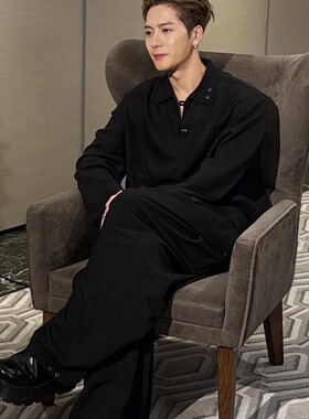 TeamW秋冬翻领长袖衬衫王嘉尔同款宽松人字纹痞帅日系polo设计款