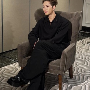 TeamW秋冬翻领长袖衬衫王嘉尔同款宽松人字纹痞帅日系polo设计款