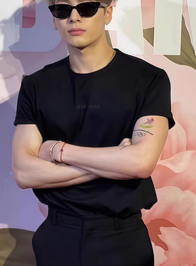 王嘉尔同款TEAMWANG胸前硅胶立体字母纯棉重磅宽松纯棉短袖夏T恤