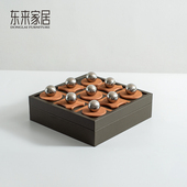 东来家居轻奢高档皮革棋盘格装 饰盒样板间客厅茶几高级感软装 摆设