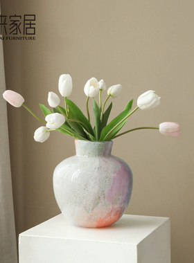 轻奢玻璃圆肚花瓶中古风彩色渐变插花花器客厅餐桌艺术装饰品摆件