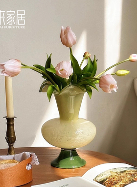 中古风轻奢高级感玻璃花瓶装饰品摆件法式客厅餐厅桌面复古插花器