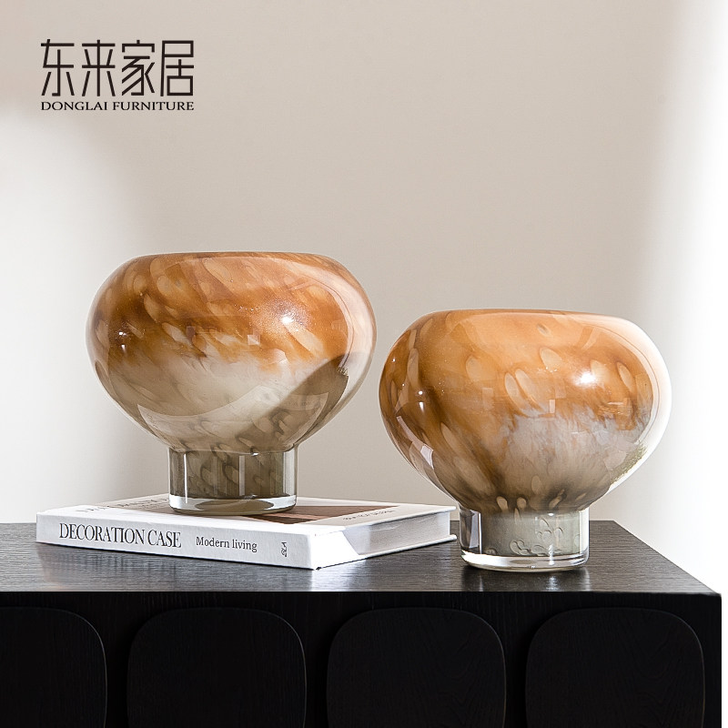 法式玻璃花瓶摆件中古风高级感琥珀色插花器样板间客厅茶几装饰品