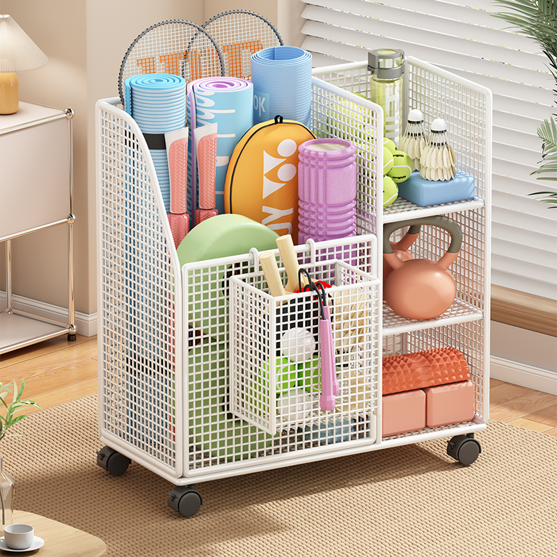 瑜珈垫收纳筐家用健身器材收纳层架移动小推车篮球羽毛球置物架