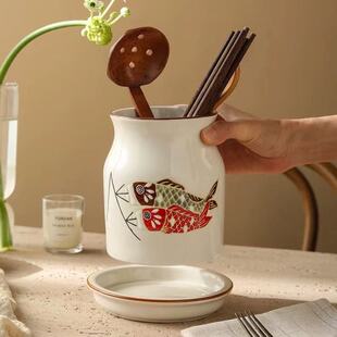 日式陶瓷筷子筒手绘图案高颜值筷子筒家用日料店用多功能沥水筷篓