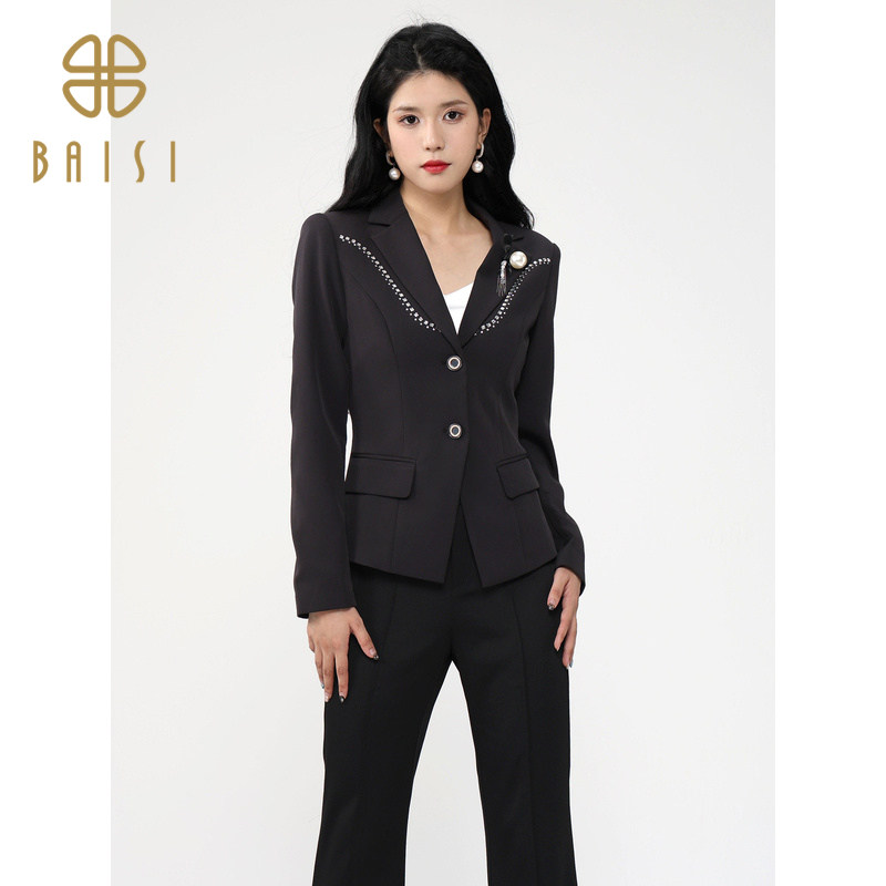 百丝翻领修身收腰外套2024冬季新品职场商务风设计感长袖西装女