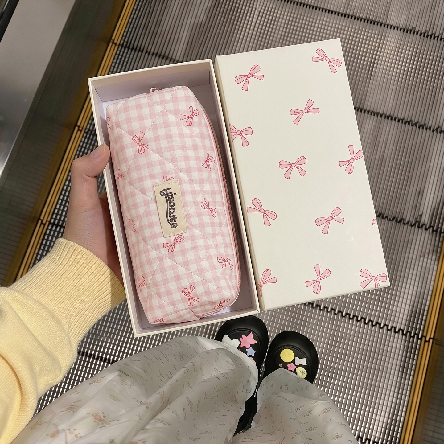 粉色蝴蝶结格子笔袋可爱少女心学生大容量文具收纳袋高颜值铅笔盒