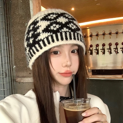 复古菱形格子毛线针织帽子女秋冬季小众高级感包头帽保暖防寒冷帽