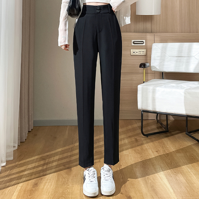 黑色休闲西装裤女垂坠感高腰小脚