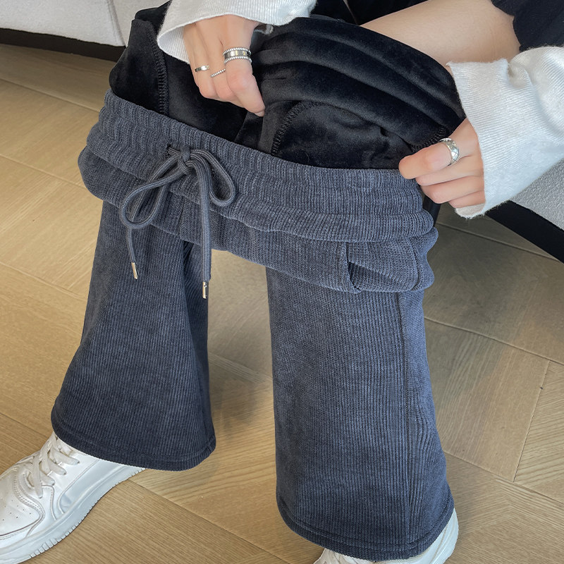 欧棉绒微喇叭裤女秋冬季高腰