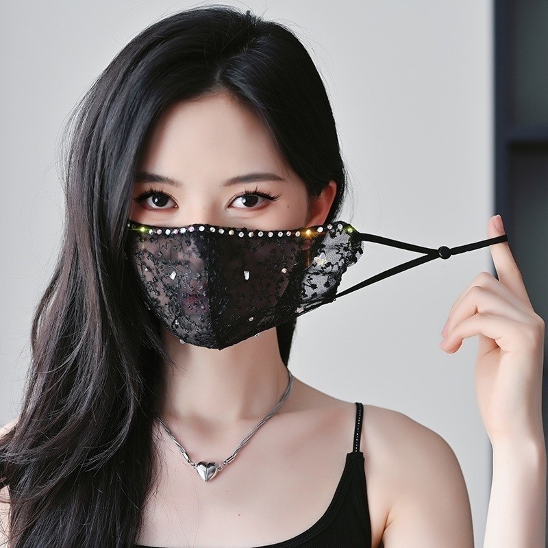 新夏季蕾丝口罩主播网红面纱带钻闪闪防晒防尘立体女高颜值可水洗