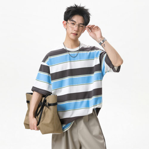 夏季撞色宽条纹宽松短袖T恤男