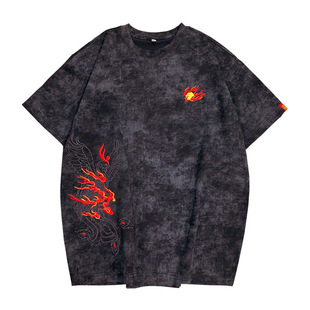 2025贺岁国潮凤凰刺绣圆领短袖潮中国风重磅春夏宽松高档男款t恤