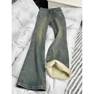 复古蓝加绒加厚直筒牛仔裤女冬大码胖mm高腰弹力遮胯显瘦微喇叭裤