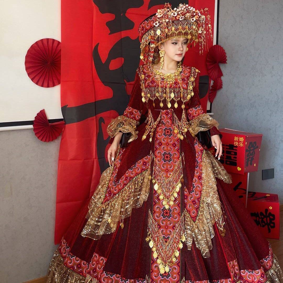 苗族云南新中式秀禾服重工2025新款新娘嫁衣红色高定款结婚礼服