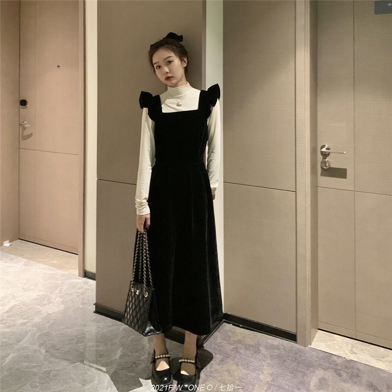 名媛风裙子高级感显瘦女装丝绒连衣裙两件套背带裙打底衫百搭秋冬