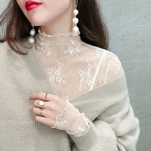 加肥大码 女200斤胖MM蕾丝木耳边t恤上衣春秋 女装 半高领网纱打底衫