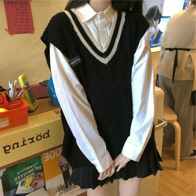 三件套装/单件春秋学院风拼色宽松减龄叠穿毛衣马甲衬衫百褶裙子