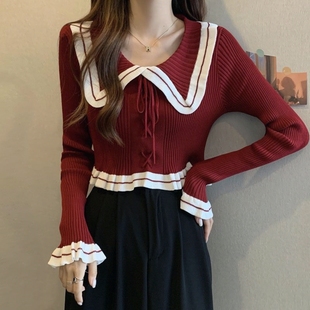 短款 法式 软糯薄款 独特娃娃领红色打底针织衫 毛衣小上衣 女春秋新款