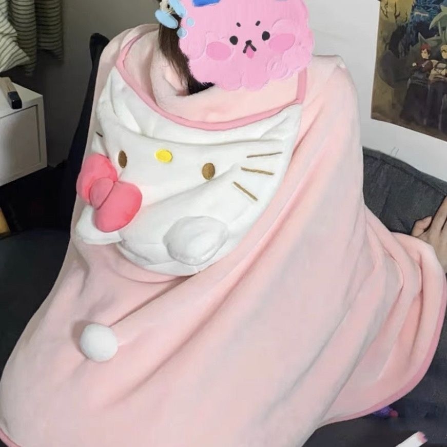 午休毯子hellokitty办公室神器凯蒂猫披肩毛毯午睡趴睡连帽空调毯