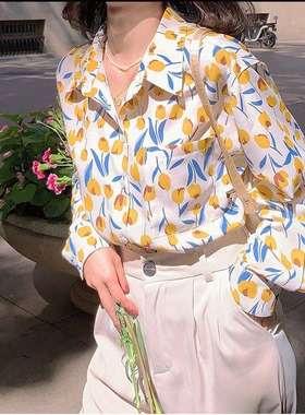 复古港风女装80年代上衣女设计感小众轻熟2023秋印花黄色长袖衬衫