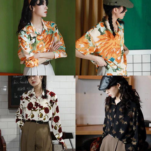 年会跳舞宽松雪纺长袖春秋花衬衫